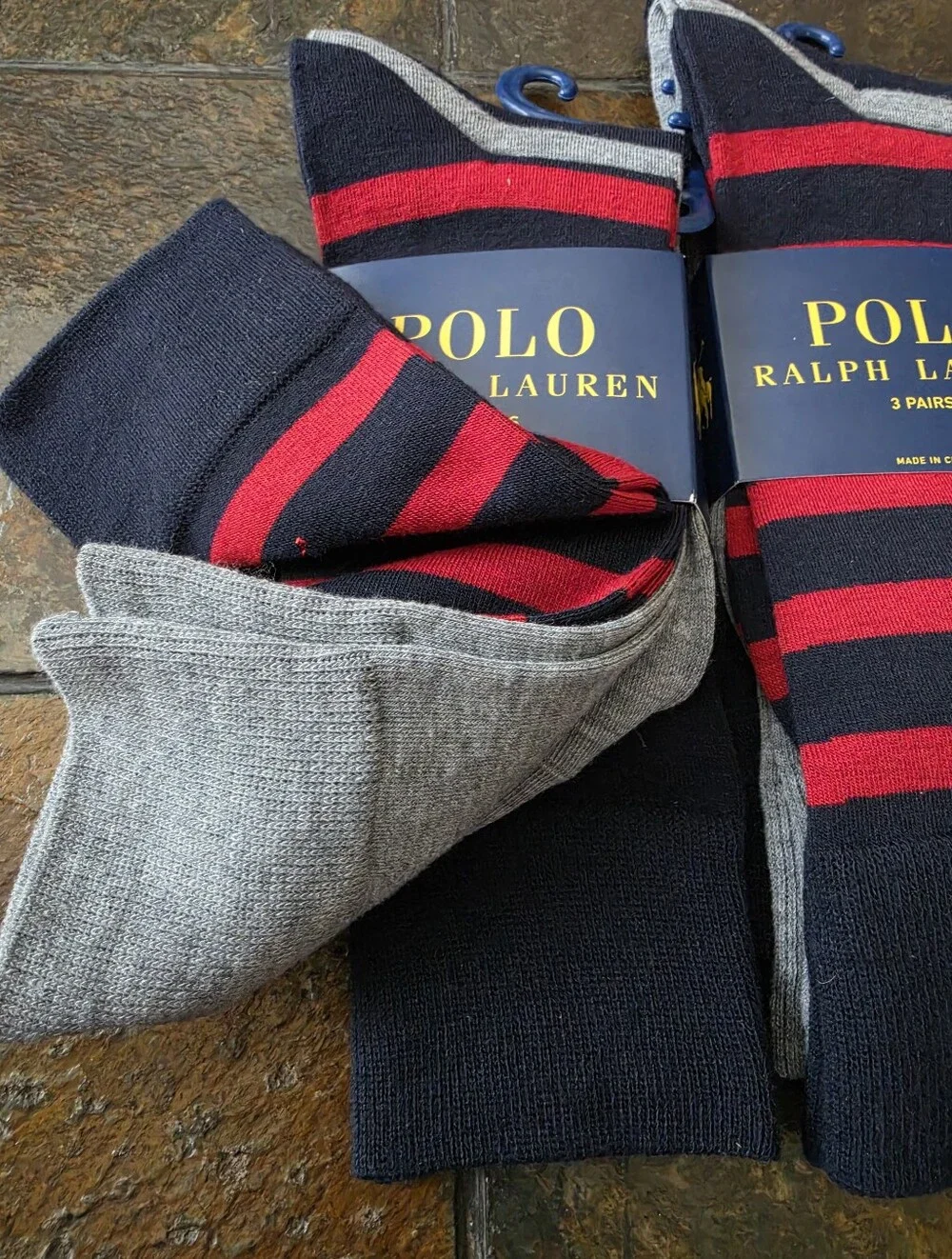 Polo Ralph Lauren Striped/Solid Socks (3 Pairs) Navy Multi Lot Of 2 NEW With Tag